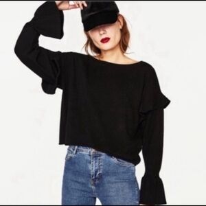 Zara Knit Ruffle Bell Long Sleeve Sweater Black